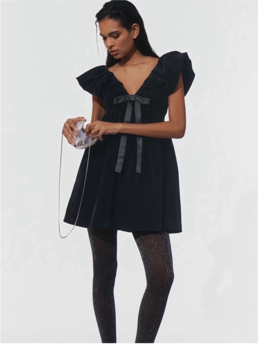 NWT Endless Rose Black Velvet Bow-Front Mini Dress